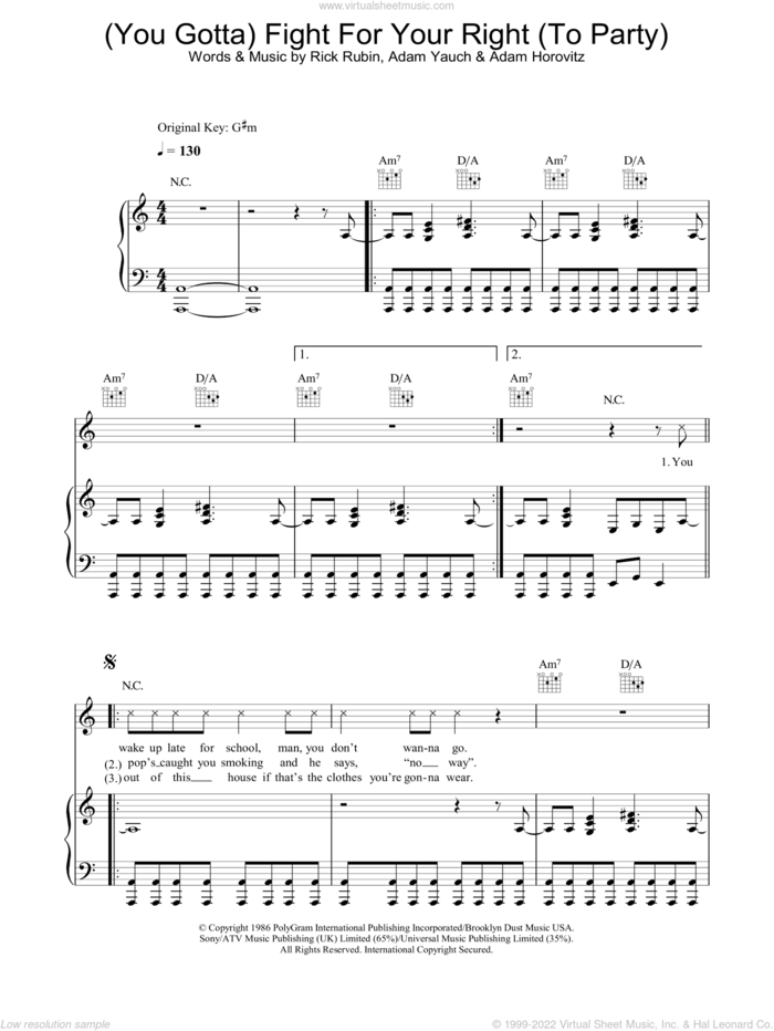 Boys Fight For Your Right To Party Sheet Music For Voice Piano Or Guitar