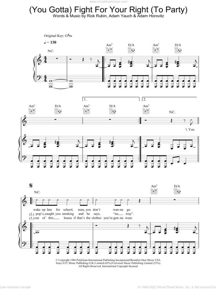 Fight For Your Right (To Party) sheet music for voice, piano or guitar by Beastie Boys, Adam Horowitz, Adam Yauch and Rick Rubin, intermediate skill level