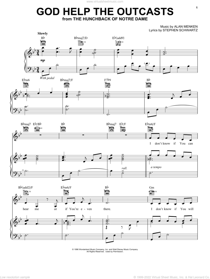 God Help The Outcasts (from The Hunchback Of Notre Dame) sheet music for voice, piano or guitar by Bette Midler, Alan Menken and Stephen Schwartz, intermediate skill level