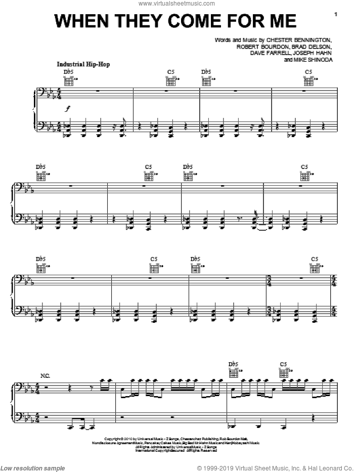 When They Come For Me sheet music for voice, piano or guitar by Linkin Park, Brad Delson, Chester Bennington, Dave Farrell, Joseph Hahn, Mike Shinoda and Rob Bourdon, intermediate skill level
