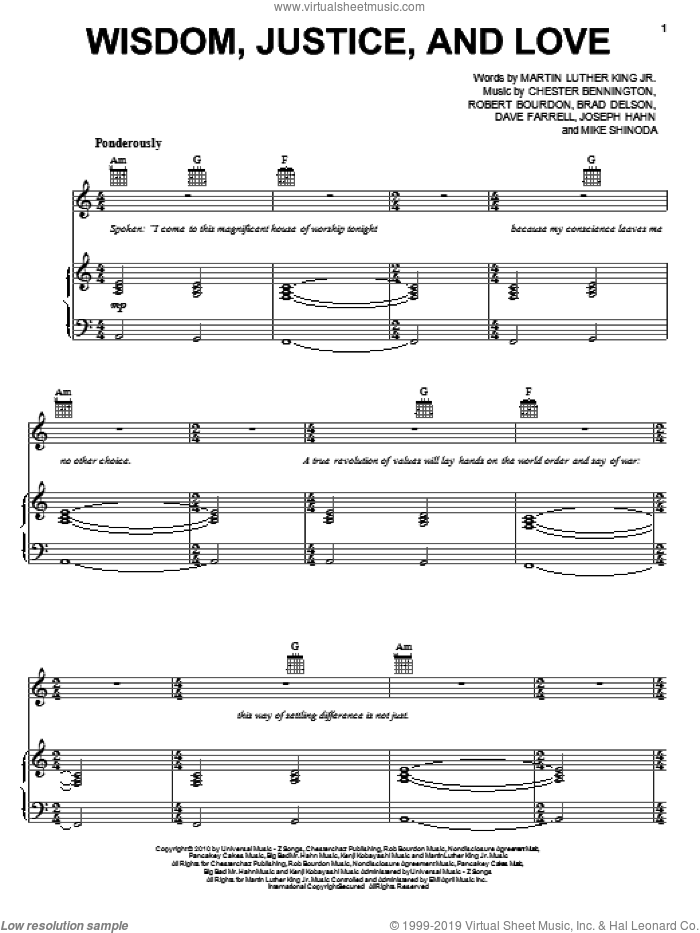 Wisdom, Justice, And Love sheet music for voice, piano or guitar by Linkin Park, Brad Delson, Chester Bennington, Dave Farrell, Joseph Hahn, Martin Luther King Jr., Mike Shinoda and Rob Bourdon, intermediate skill level