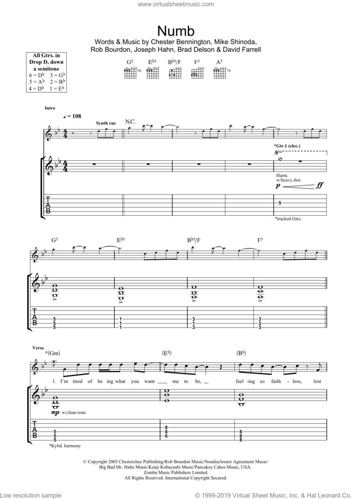 Numb sheet music for guitar (tablature) by Chester Bennington, Linkin Park, Mike Shinoda and Rob Bourdon, intermediate skill level