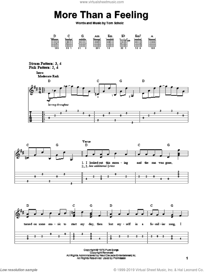 More Than A Feeling sheet music for guitar solo (easy tablature) by Boston and Tom Scholz, easy guitar (easy tablature)