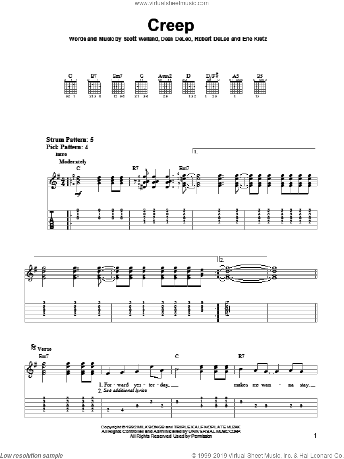Creep sheet music for guitar solo (easy tablature) by Stone Temple Pilots, Dean DeLeo, Eric Kretz, Robert DeLeo and Scott Weiland, easy guitar (easy tablature)