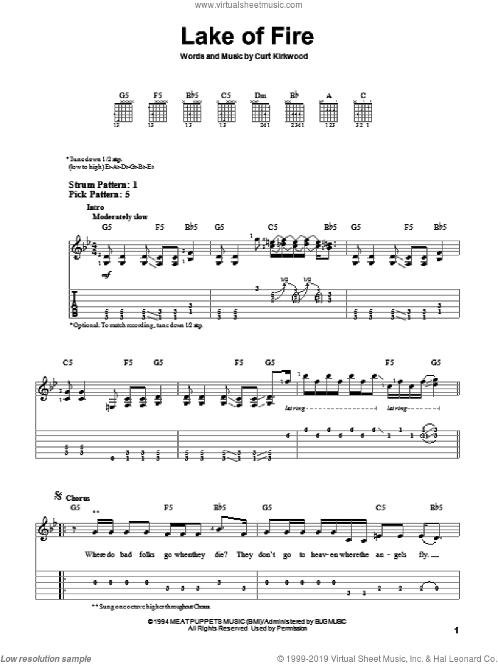 Lake Of Fire sheet music for guitar solo (easy tablature) by Nirvana and Curt Kirkwood, easy guitar (easy tablature)
