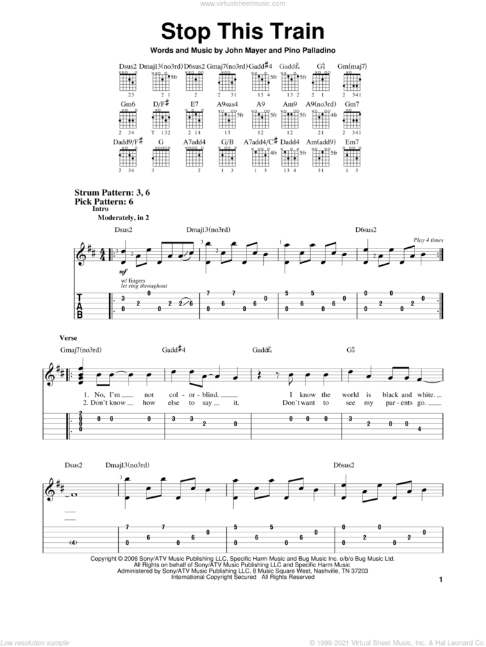 Stop This Train sheet music for guitar solo (easy tablature) by John Mayer and Pino Palladino, easy guitar (easy tablature)