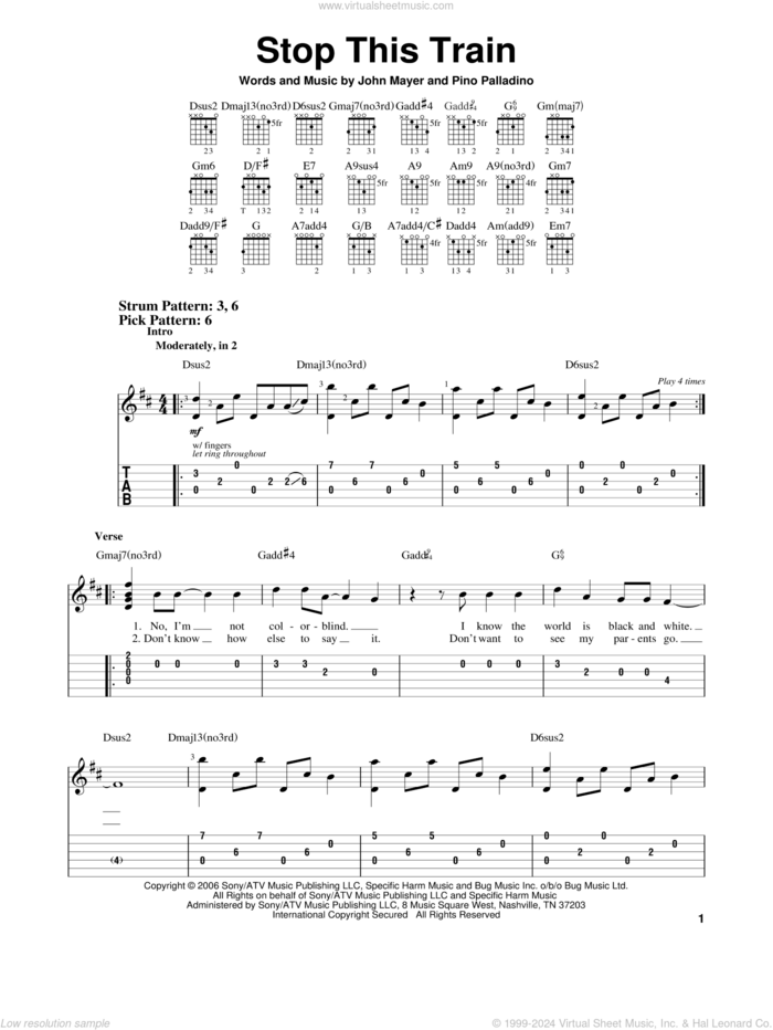 Stop This Train sheet music for guitar solo (easy tablature) by John Mayer and Pino Palladino, easy guitar (easy tablature)