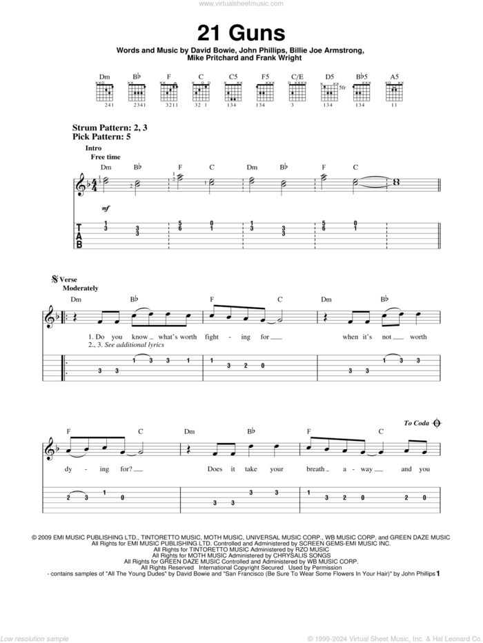 21 Guns, (easy) sheet music for guitar solo (easy tablature) by Green Day, Billie Joe Armstrong, David Bowie, Frank Wright, John Phillips and Mike Pritchard, easy guitar (easy tablature)