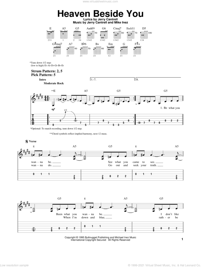Heaven Beside You sheet music for guitar solo (easy tablature) by Alice In Chains, Jerry Cantrell and Mike Inez, easy guitar (easy tablature)