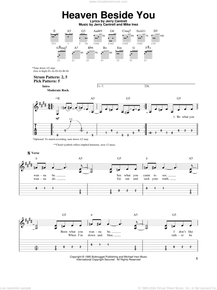 Heaven Beside You sheet music for guitar solo (easy tablature) by Alice In Chains, Jerry Cantrell and Mike Inez, easy guitar (easy tablature)