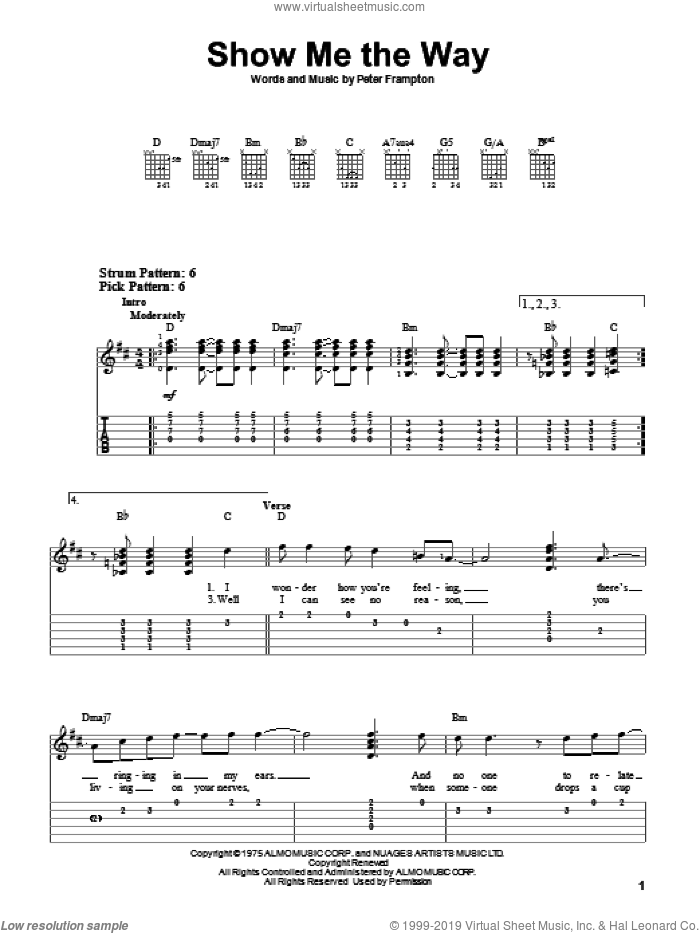 Show Me The Way sheet music for guitar solo (easy tablature) by Peter Frampton, easy guitar (easy tablature)