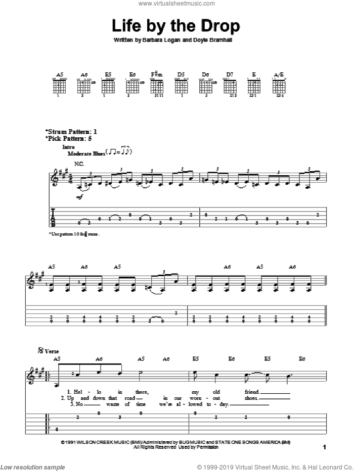 Life By The Drop sheet music for guitar solo (easy tablature) by Stevie Ray Vaughan, Barbara Logan and Doyle Bramhall, easy guitar (easy tablature)