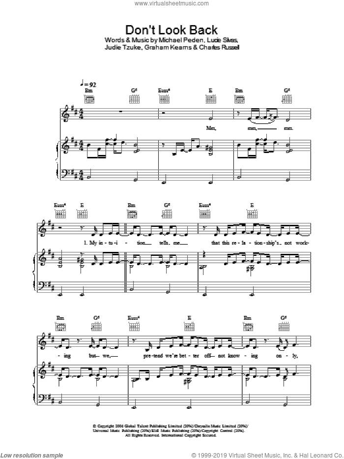 Don't Look Back sheet music for voice, piano or guitar by Lucie Silvas, Judie Tzuke and Michael Peden, intermediate skill level