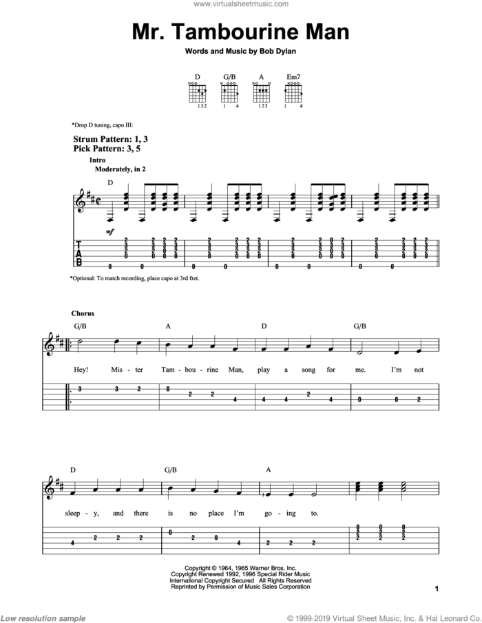 Mr. Tambourine Man sheet music for guitar solo (easy tablature) by Bob Dylan, easy guitar (easy tablature)