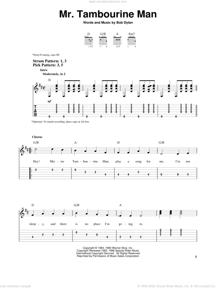 Mr. Tambourine Man sheet music for guitar solo (easy tablature) by Bob Dylan, easy guitar (easy tablature)