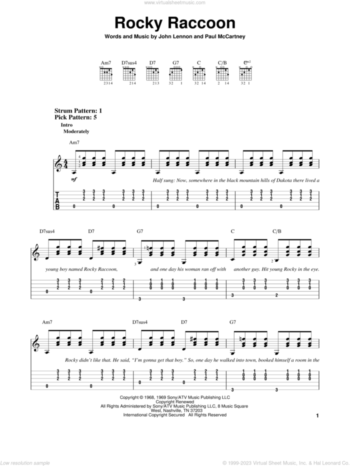 Rocky Raccoon sheet music for guitar solo (easy tablature) by The Beatles, John Lennon and Paul McCartney, easy guitar (easy tablature)