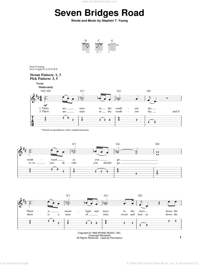 Seven Bridges Road sheet music for guitar solo (easy tablature) by Stephen T. Young and The Eagles, easy guitar (easy tablature)