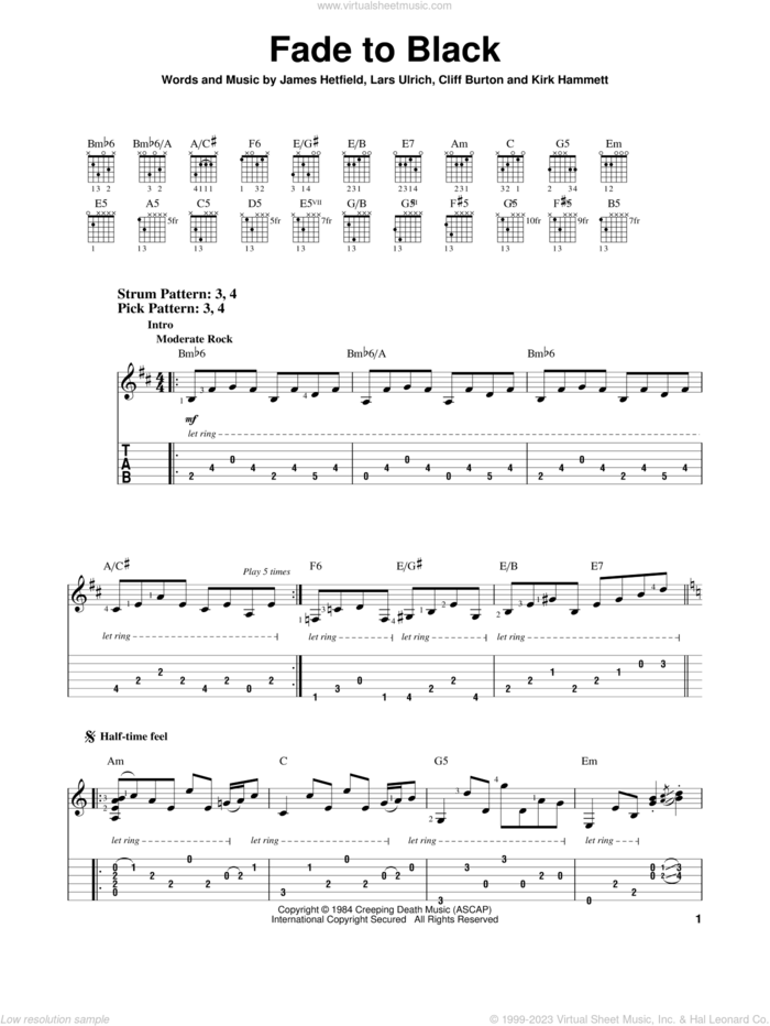 Fade To Black sheet music for guitar solo (easy tablature) by Metallica, Cliff Burton, James Hetfield, Kirk Hammett and Lars Ulrich, easy guitar (easy tablature)