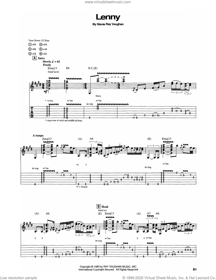 Lenny sheet music for guitar (tablature) by Stevie Ray Vaughan, intermediate skill level