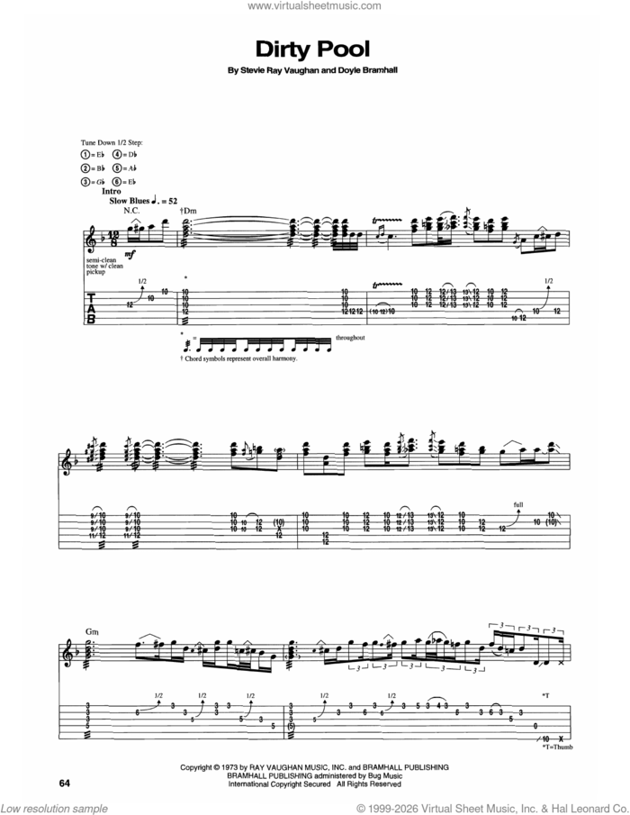 Dirty Pool sheet music for guitar (tablature) by Stevie Ray Vaughan and Doyle Bramhall, intermediate skill level