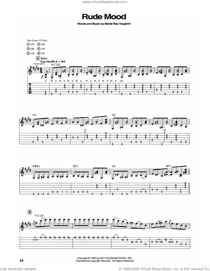 Rude Mood sheet music for guitar (tablature) by Stevie Ray Vaughan, intermediate skill level