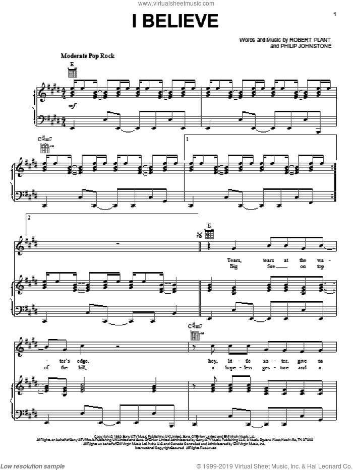 I Believe sheet music for voice, piano or guitar by Robert Plant and Philip Johnstone, intermediate skill level