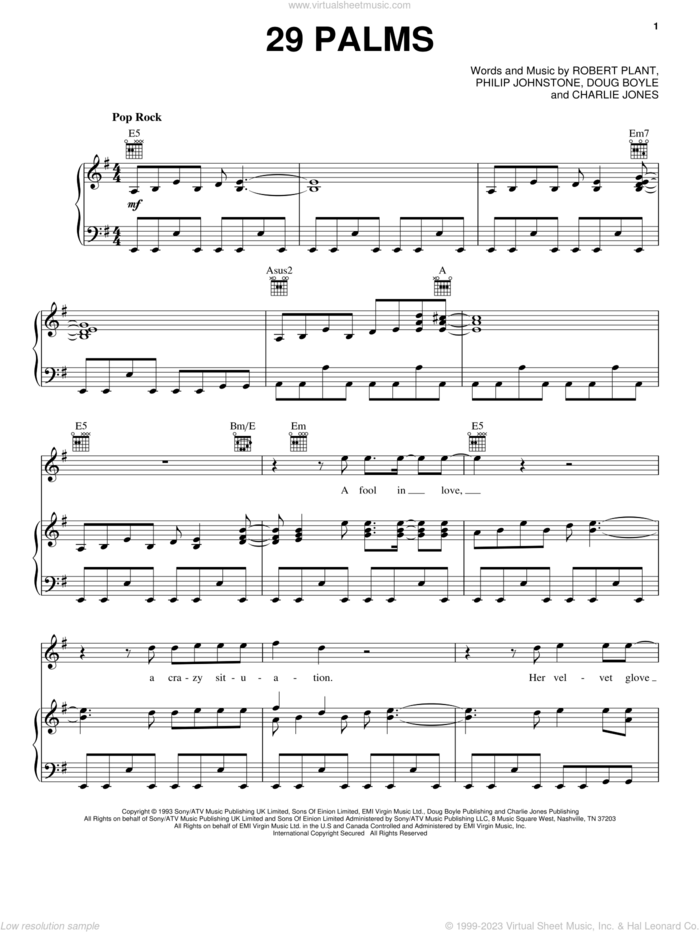 29 Palms sheet music for voice, piano or guitar by Robert Plant, Charlie Jones, Doug Boyle and Philip Johnstone, intermediate skill level