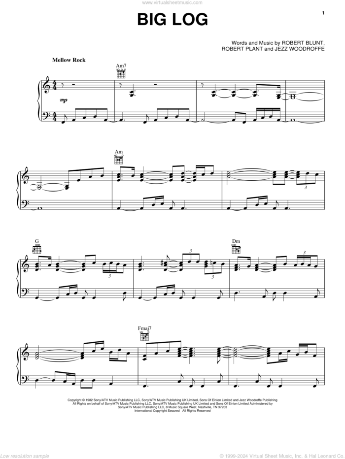Big Log sheet music for voice, piano or guitar by Robert Plant and Robert Blunt, intermediate skill level
