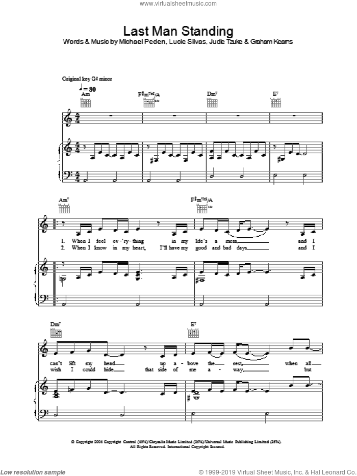 Last Man Standing sheet music for voice, piano or guitar by Lucie Silvas, Judie Tzuke and Michael Peden, intermediate skill level