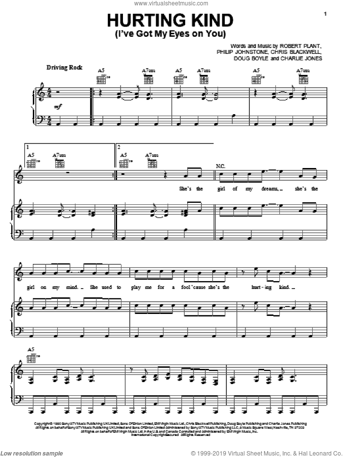 Hurting Kind (I've Got My Eyes On You) sheet music for voice, piano or guitar by Robert Plant, Charlie Jones, Christopher Blackwell, Doug Boyle and Philip Johnstone, intermediate skill level
