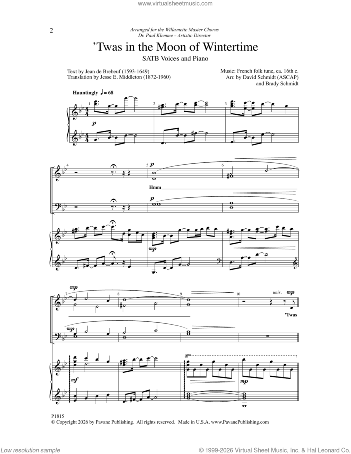 'Twas in the Moon of Wintertime sheet music for choir (SATB: soprano, alto, tenor, bass) by David Schmidt and Brady Schmidt and French Folk Tune, intermediate skill level