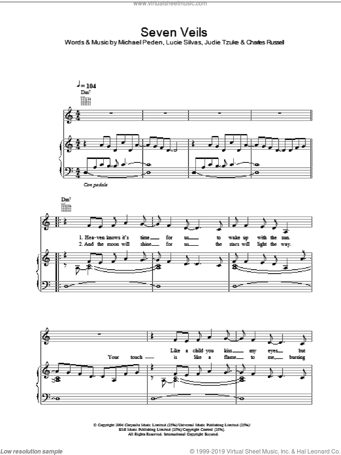 Seven Veils sheet music for voice, piano or guitar by Lucie Silvas, Charles Russell and Michael Peden, intermediate skill level