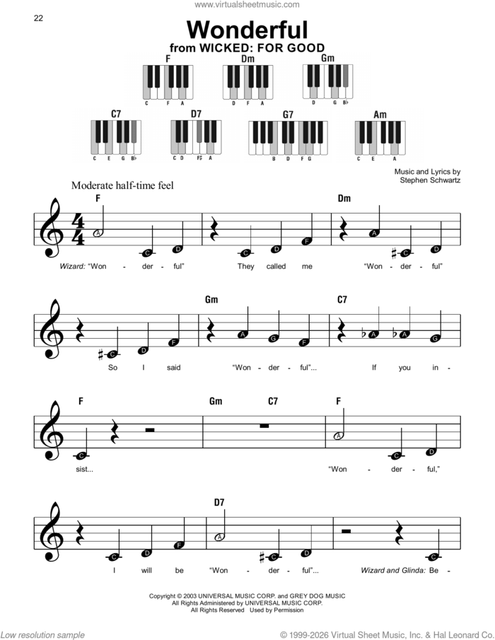 Wonderful (from Wicked: For Good) sheet music for piano solo by Stephen Schwartz, beginner skill level