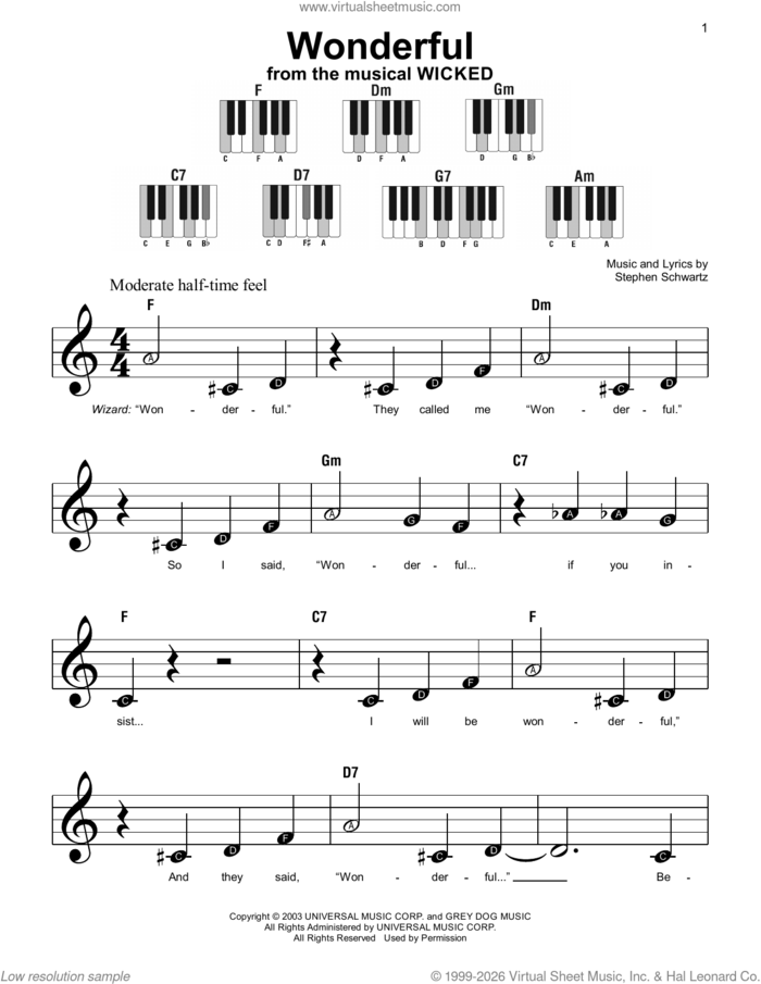 Wonderful (from Wicked), (beginner) sheet music for piano solo by Stephen Schwartz, beginner skill level