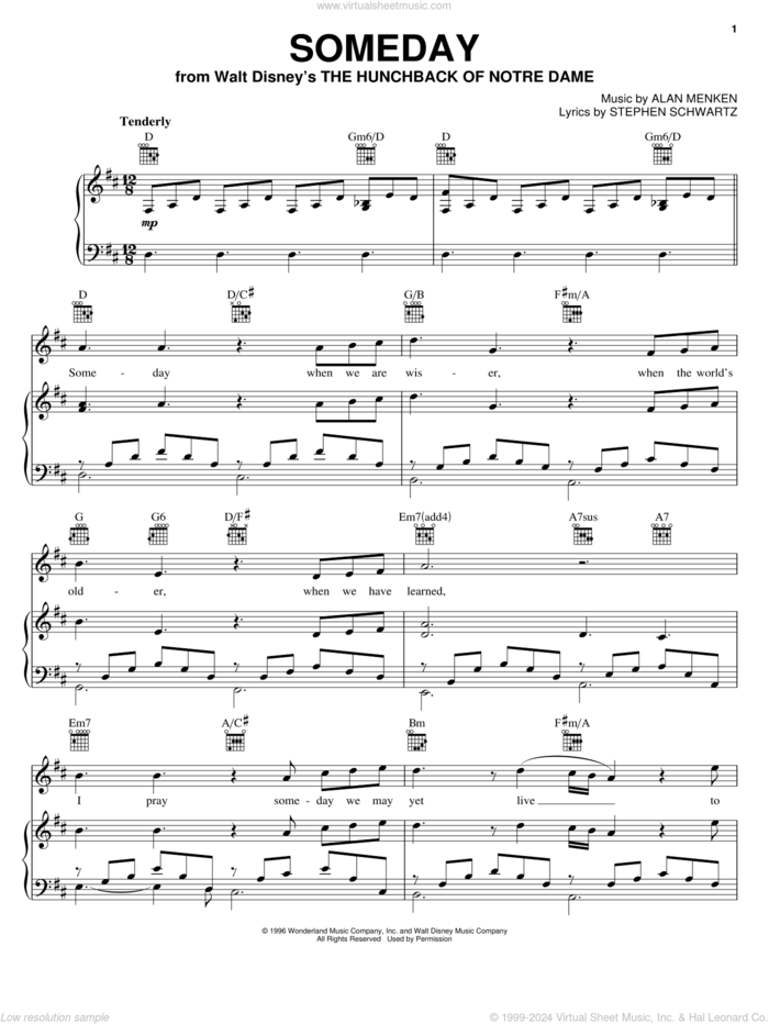 Someday (from The Hunchback Of Notre Dame) sheet music for voice, piano or guitar by All-4-One, The Hunchback Of Notre Dame (Movie), Alan Menken and Stephen Schwartz, intermediate skill level