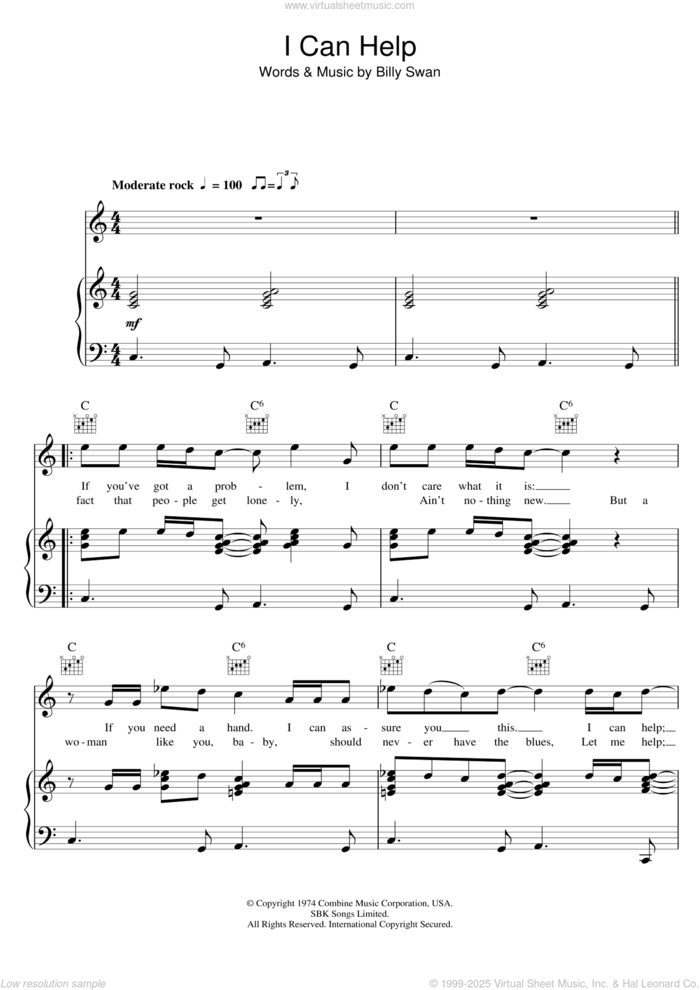 I Can Help sheet music for voice, piano or guitar by Billy Swan, intermediate skill level