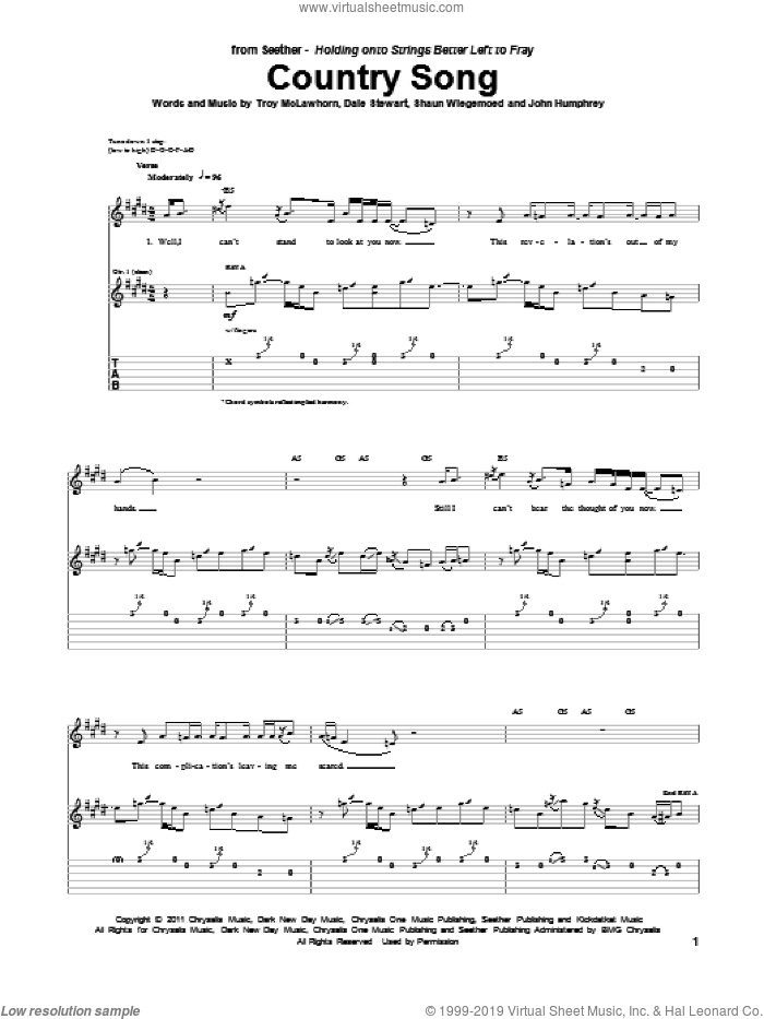 Country Song sheet music for guitar (tablature) by Seether, Dale Stewart, John Humphrey, Shaun Welgemoed and Troy McLawhorn, intermediate skill level