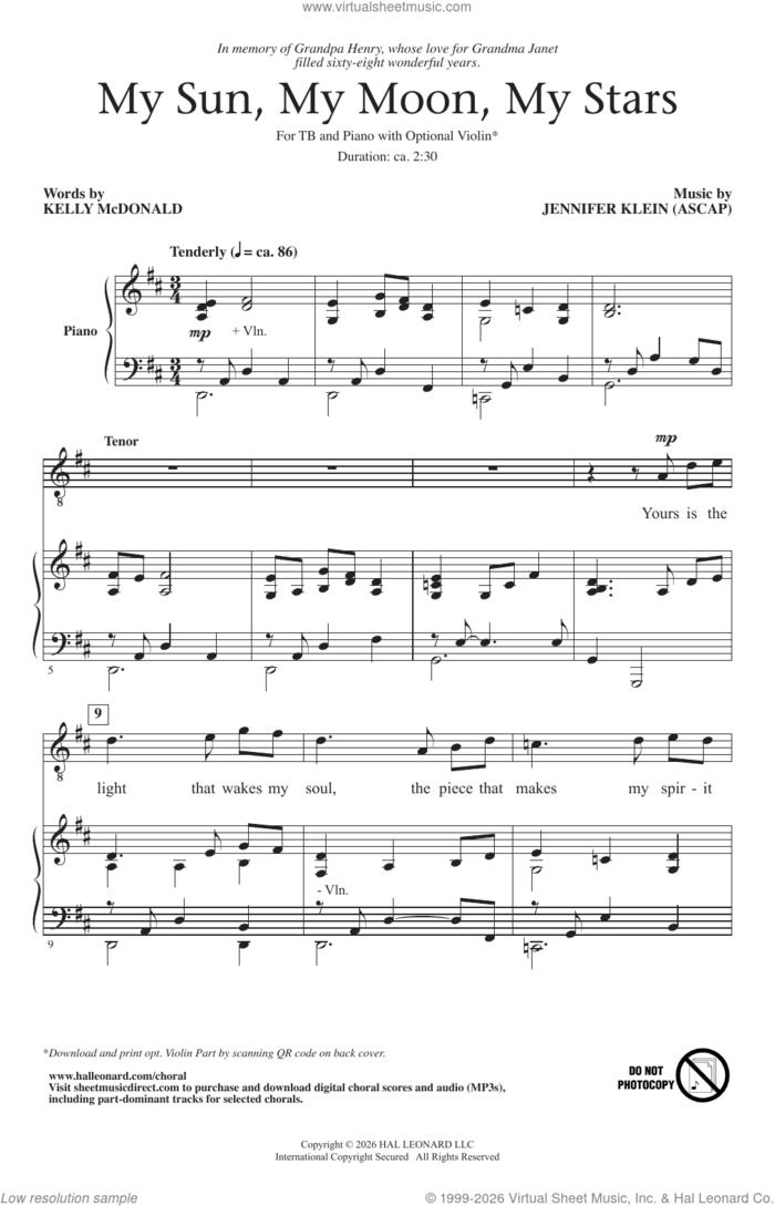 My Sun, My Moon, My Stars sheet music for choir (TB: tenor, bass) by Kelly McDonald and Jennifer Klein, intermediate skill level