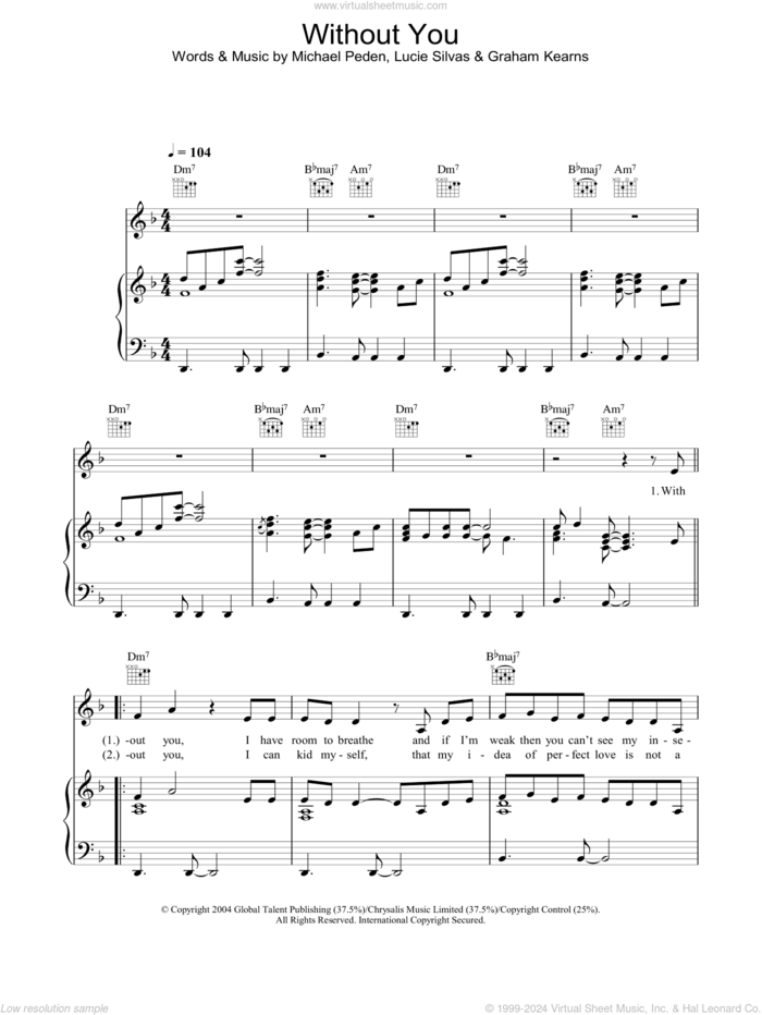 Without You sheet music for voice, piano or guitar by Lucie Silvas, Graham Kearns and Michael Peden, intermediate skill level