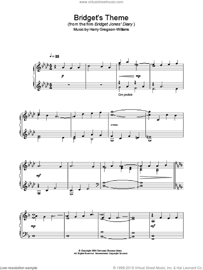 Bridget's Theme sheet music for piano solo by Bridget Jones' Diary and Harry Gregson-Williams, intermediate skill level