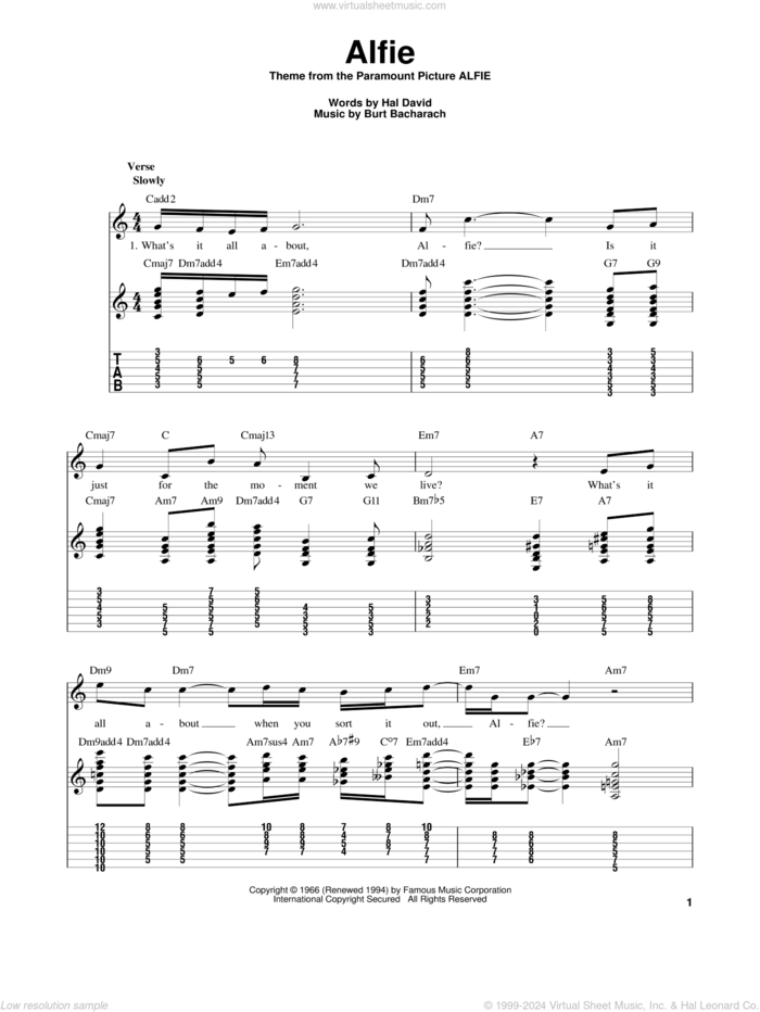 Alfie sheet music for guitar solo by Bacharach & David, Cher, Dionne Warwick, Sonny Rollins, Stevie Wonder, Burt Bacharach and Hal David, intermediate skill level