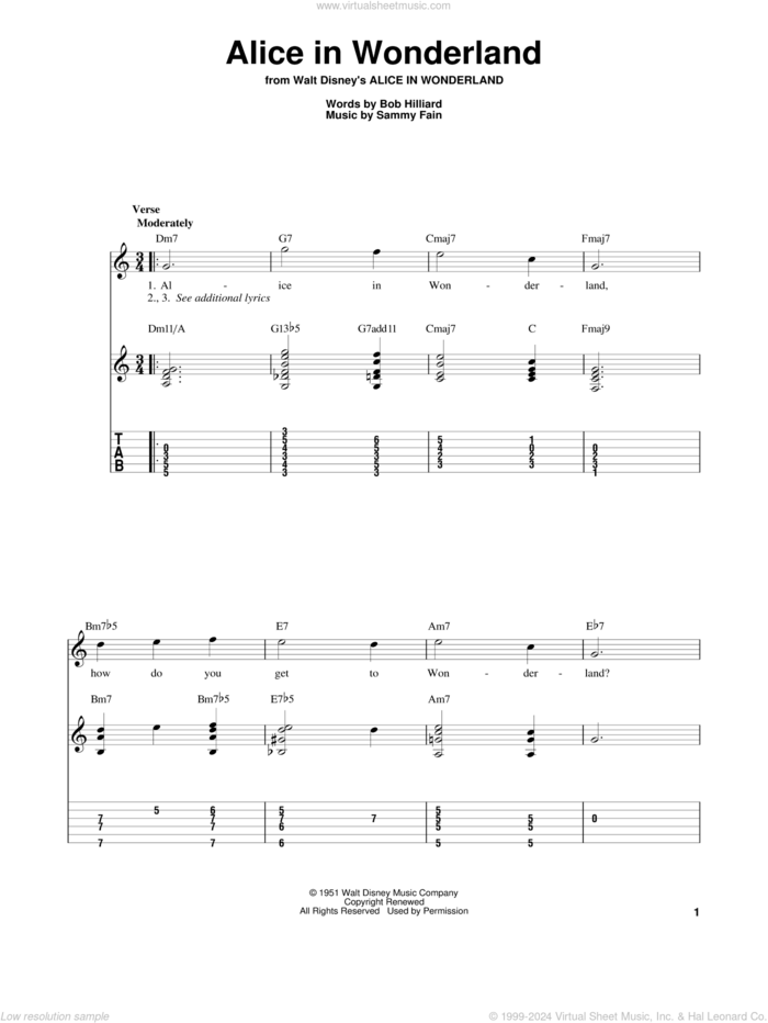 Alice In Wonderland sheet music for guitar solo by Bill Evans, Bob Hilliard and Sammy Fain, intermediate skill level