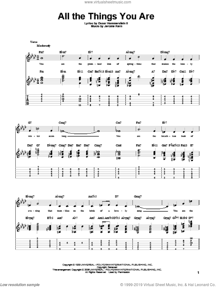 All The Things You Are sheet music for guitar solo by Jerome Kern and Oscar II Hammerstein, intermediate skill level
