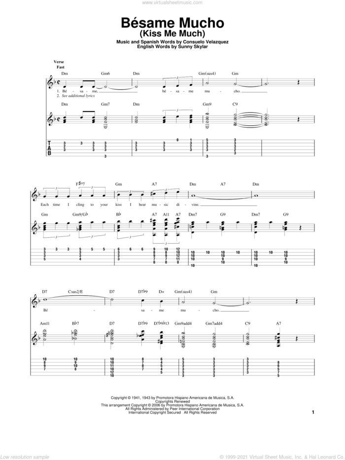Besame Mucho (Kiss Me Much) sheet music for guitar solo by Consuelo Velazquez, The Beatles and The Coasters, intermediate skill level