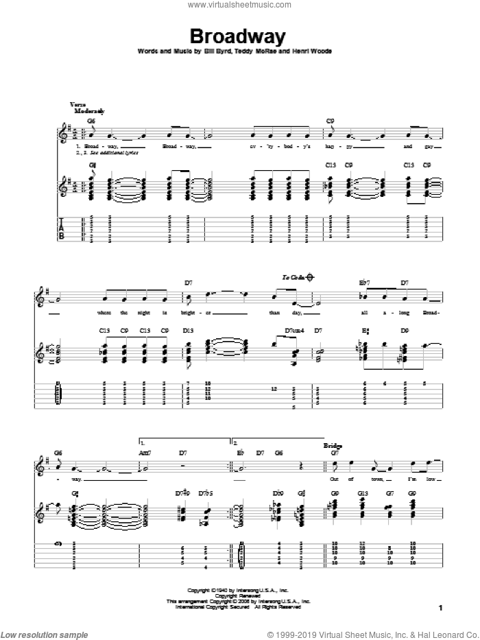 Broadway sheet music for guitar solo by Count Basie, Bill Byrd, Henri Woode and Teddy McRae, intermediate skill level