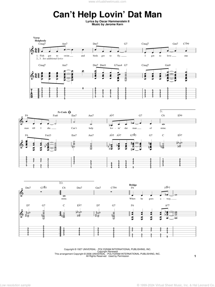 Can't Help Lovin' Dat Man sheet music for guitar solo by Jerome Kern, Annette Warren, Helen Morgan, Show Boat (Musical) and Oscar II Hammerstein, intermediate skill level