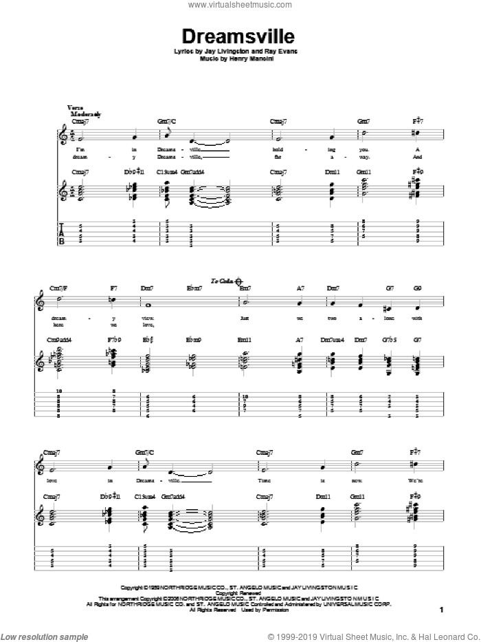 Dreamsville sheet music for guitar solo by Henry Mancini, Jay Livingston and Ray Evans, intermediate skill level