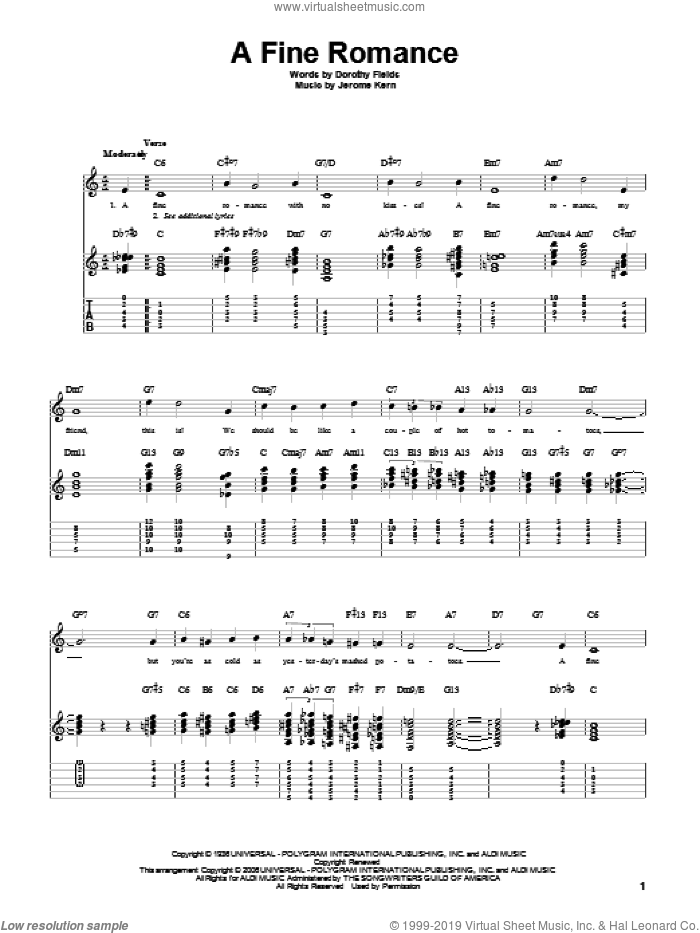 A Fine Romance sheet music for guitar solo by Jerome Kern and Dorothy Fields, intermediate skill level