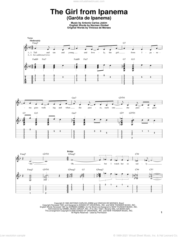 The Girl From Ipanema (Garota De Ipanema) sheet music for guitar solo by Antonio Carlos Jobim and Norman Gimbel, intermediate skill level