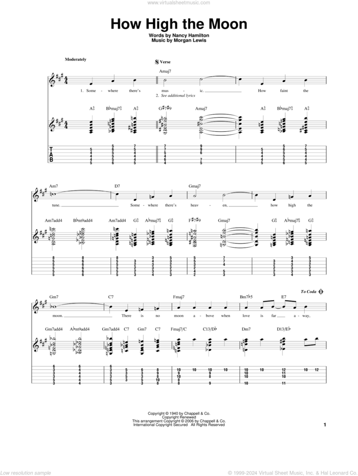 How High The Moon sheet music for guitar solo by Les Paul, Morgan Lewis and Nancy Hamilton, intermediate skill level